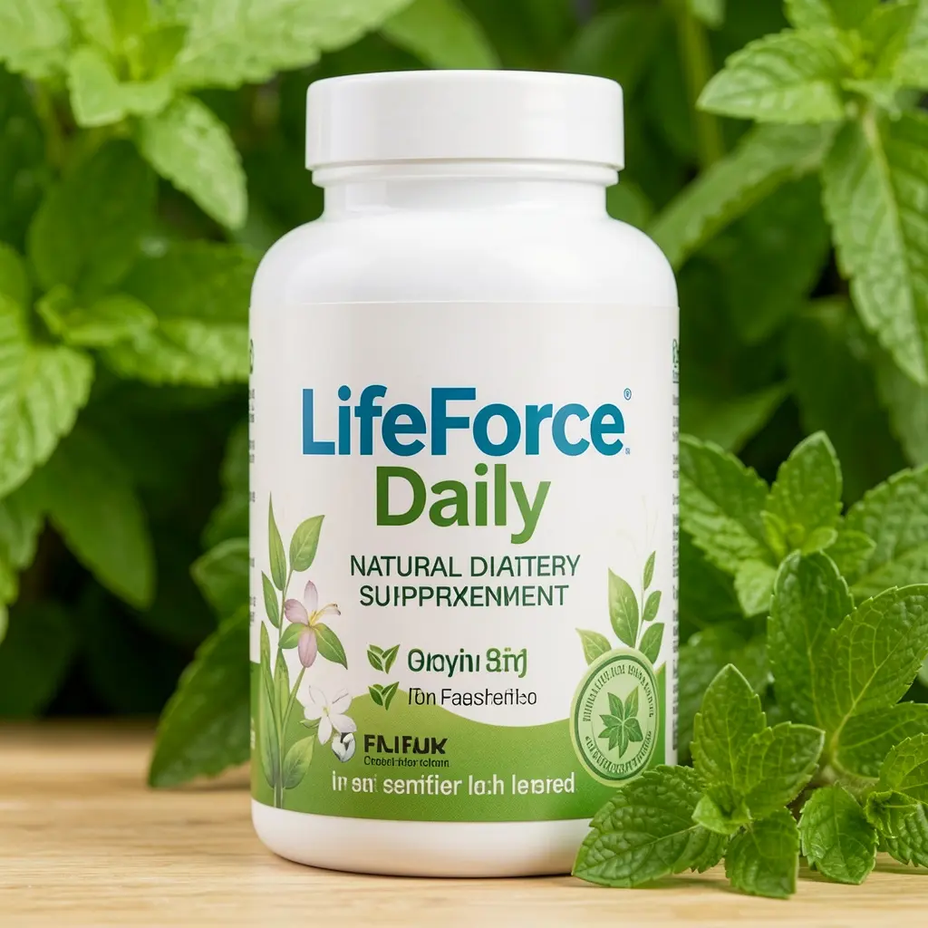 LifeForce Daily natural dietary supplement bottle with green leaves in the background